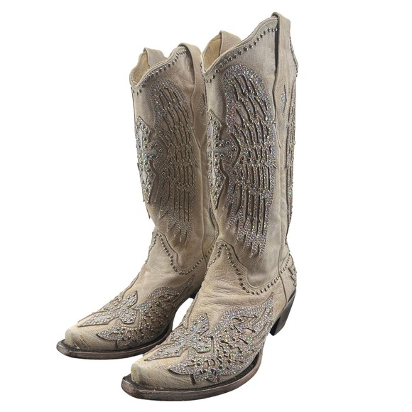 Corral Handcrafted Boots Shoes - Corral‎ Womens Bone Leather Wing and Cross Crystal Studded Boots A3571 Size 7 M